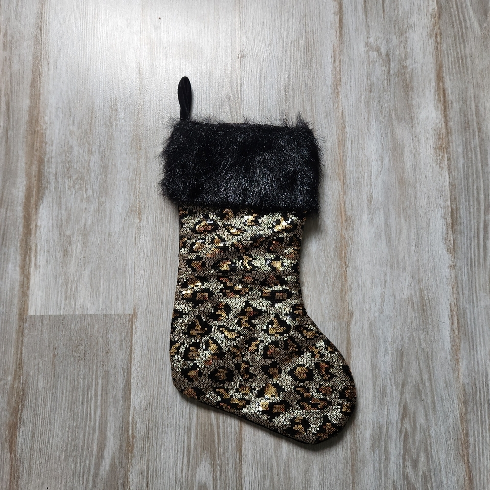 Hobby Lobby Leopard Sequin Christmas Stocking Holiday Black Brown Faux Fur Trim